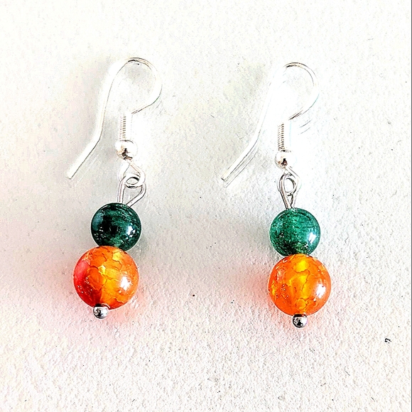 Vibrant Green and Orange Dangle Earrings - Picture 1 of 2